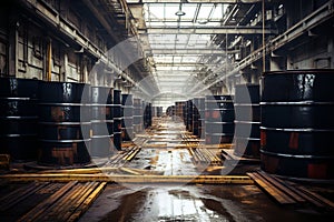 Metal barrels in vast warehouse, orderly stacked. Industrial storage scene