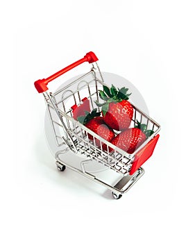 Metal basket with a fresh red strawberry, isolated on white back