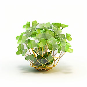 Low Poly Wire Plant Pot With Greenery On White Background photo
