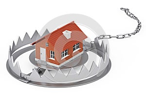 Metal Bear Trap with Cottage House Building. 3d Rendering