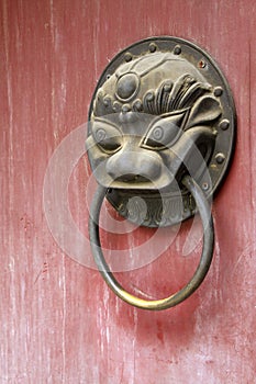 Metal beast head knocker on red door plank