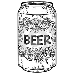 Metal beer can. Design hops in a circle and lettering. Sketch scratch board imitation.