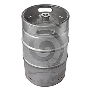 Metal beer keg isolated. Real scratched metal barrel