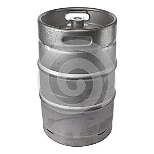 Metal beer keg side view isolated on white. Real scratched metal barrel. Clipping path