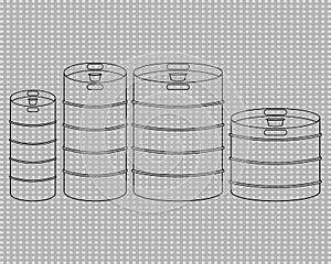 Metal beer kegs vector clipart. Icons set. Black and white outline and transparent illustrations Ð¾n transparent background.