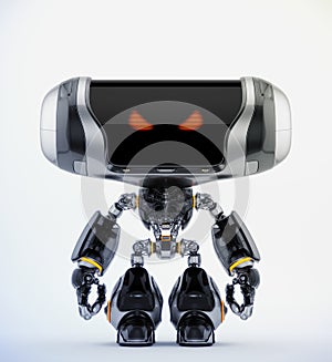 Metal black angry robot toy with digital red eyes, 3d rendering