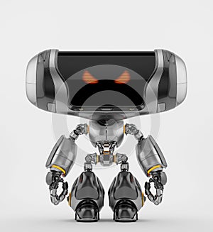 Metal black angry robot toy with digital red eyes, 3d rendering