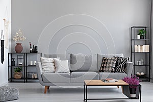 Metal black shelves with books, candles and plants behind the grey sofa with patterned pillows, real photo with copy space