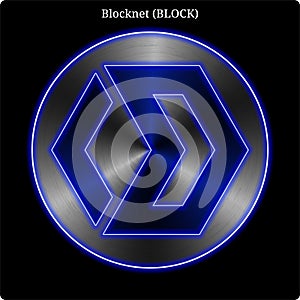 Metal Blocknet BLOCK coin witn blue neon glow.