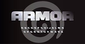 Metal bold austere font, letters with chrome or aluminum metallic texture. Vector typography.