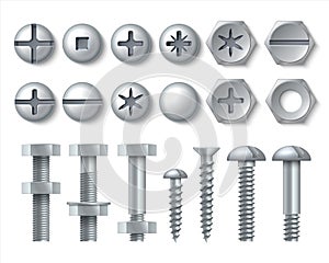 Metal bolt and screw. Realistic steel nails, rivets and stainless self-tapping screw heads with nuts and washers. Vector