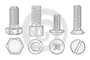 Metal bolts and screws. Hand drawn sketch