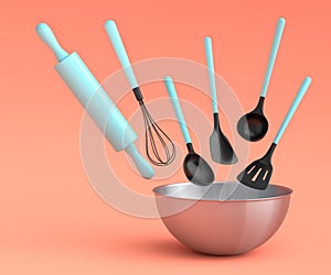 Metal bowl with kitchen utensil for preparation of dough on coral background.