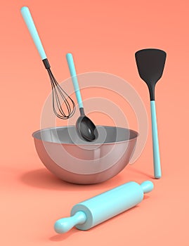 Metal bowl with kitchen utensil for preparation of dough on coral background.