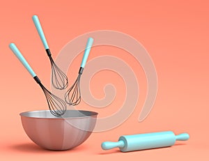 Metal bowl with kitchen utensil for preparation of dough on coral background.