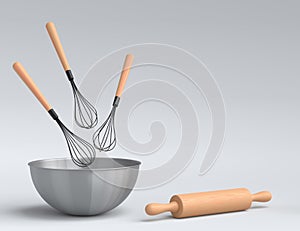 Metal bowl with kitchen utensil for preparation of dough on white background.