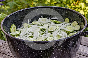 Metal bowl with sliced pickles