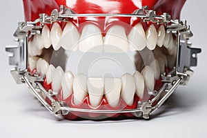 Metal braces on teeth in artificial jaw on white background. Concept of fear of dental treatment