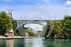 Metal bridge across Aare river in Bern, capital city of Switzerland