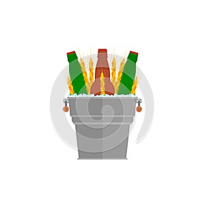 Metal bucket with beer bottles, ice cubes and wheat ears. Isolated vector illustration.