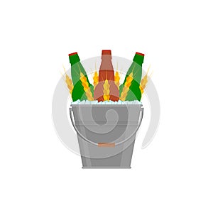 Metal bucket with beer bottles, ice cubes and wheat ears. Isolated vector illustration.