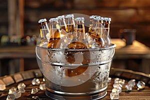Metal bucket with bottles of beer and ice cubes on wooden table in a pub