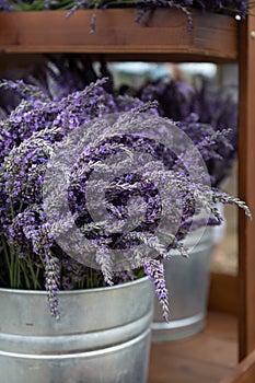 Metal Bucket with Bouquets of Purple Lavender For Sale
