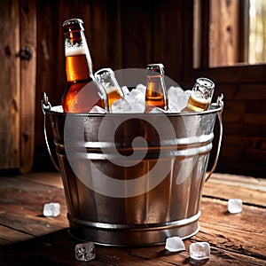 Metal bucket with cold bottles of beer and ice