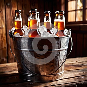 Metal bucket with cold bottles of beer and ice