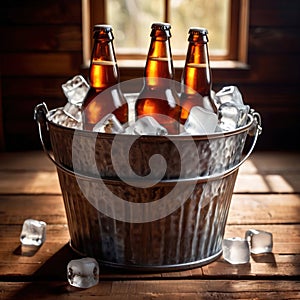 Metal bucket with cold bottles of beer and ice