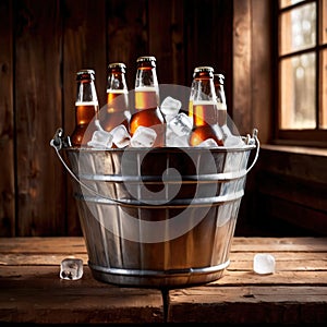 Metal bucket with cold bottles of beer and ice