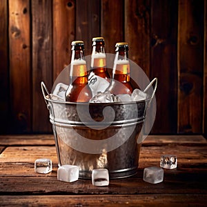 Metal bucket with cold bottles of beer and ice