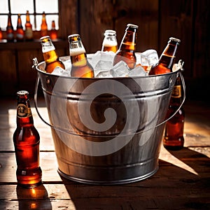 Metal bucket with cold bottles of beer and ice