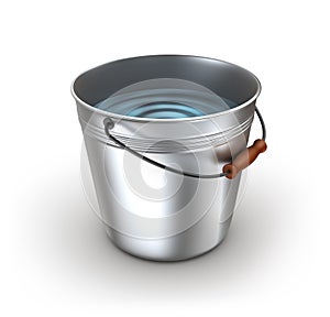 Metal bucket full of water. on white