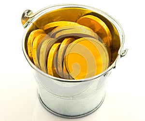 Metal bucket with gold coins