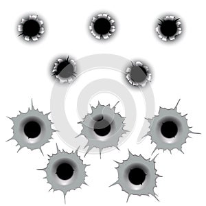Metal bullet hole set vector. Input holes and output photo
