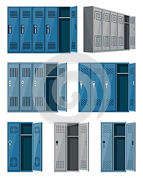 Metal cabinets lockers, school changing room steel cupboard. Isolated grey storage boxes with open and closed doors