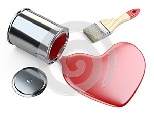 A metal can on the side with brush, spilled paint in the shape of a heart