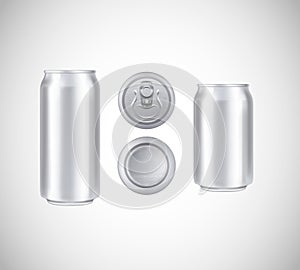 Metal can top, front, bottom view. Can vector visual 330 and 500 ml. For beer, lager, alcohol, soft drinks, soda advertising