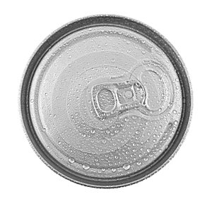 Metal can in water drops isolated on white background