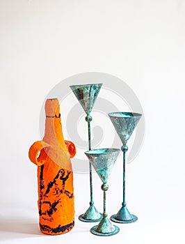 Metal Candle Holder and Paper Mache Bottle