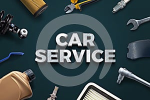 Metal Car Service\' text surrounded by car parts: oil filter, oil can, LED bulb, air filter, brake pads, shock absorber