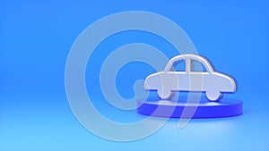 Metal car sign on a dark blue podium on a blue background. The concept of auto, roads, car sales. 3d rendering