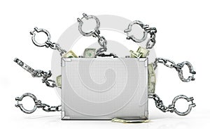 Metal case with money and fetters. 3d illustration