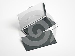 Metal case with white blank business cards . 3d rendering