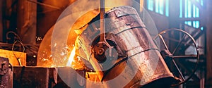 Metal cast process, long banner image. Molten liquid iron pouring from ladle container into mold
