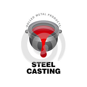 Metal casting logo on a white background. Cast iron ladle and outflowing molten metal. Metal mining concept