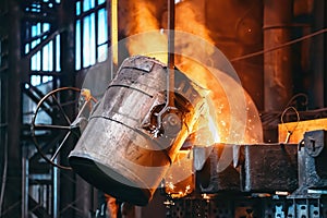 Metal casting process in foundry, liquid metal pouring from container to mold with clubs of steam and sparks, heavy