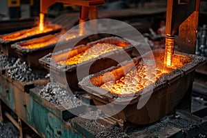 Metal casting process in foundry. Molten metal poured into molds with sparks and flames.