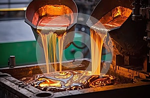 metal casting process in progress, with molten metal being poured into a mold
